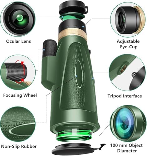 Monocular Telescope 80x100 HD Monoculars for Adults with Tripod & Phone Adapter Monoculars for Bird Watching Stargazing Camping Hiking Hunting Wildlife Travel-Green