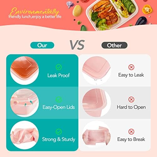 50 Pack Pink Meal Prep Containers 2 Compartments, Glotoch 32OZ to Go Containers for Food, Disposable Plastic Food Containers with Lids for Microwave Dishwasher Freezer Safe