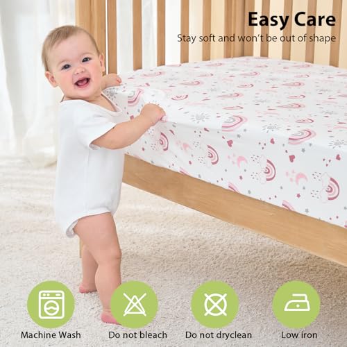 Baby Crib Sheets Girl, 3 Pack Toddler Bed Sheets Fitted for 52”x28” Standard Crib and Toddler Mattresses, Super Soft Microfiber Pink Rainbow