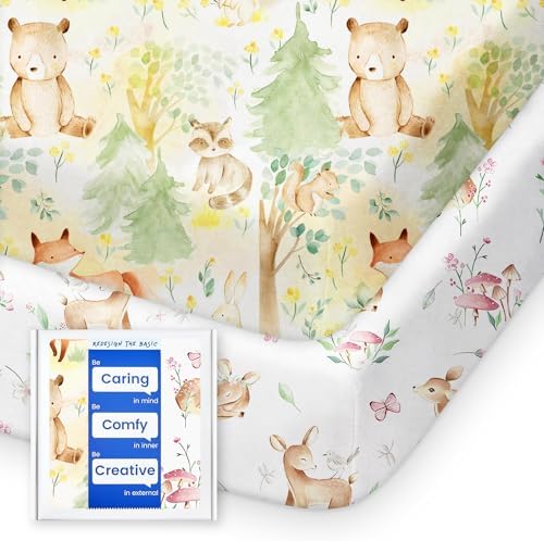 Mini Crib Sheets 24x38, Ultra Soft Pack N Play Sheets Fitted Boy Girl, Neutral Pack and Play Mattress Sheets, Premium Jersey Knit Portable Crib Sheets Hypoallergenic, Forest Bear & Deer