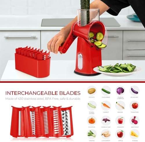 SUSTEAS Rotary Cheese Grater with Handle - Vegetable Shredder with 5 Well-designed Blades & Strong Suction Base,Round Mandoline Slicer & Food Chopper for Kitchen,with Blade Storage Box(Red)