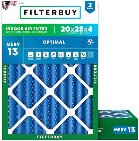 Filterbuy 20x25x4 Air Filter MERV 13 Optimal Defense (2-Pack), Pleated HVAC AC Furnace Air Filters Replacement (Actual Size: 19.50 x 24.50 x 3.63 Inches)