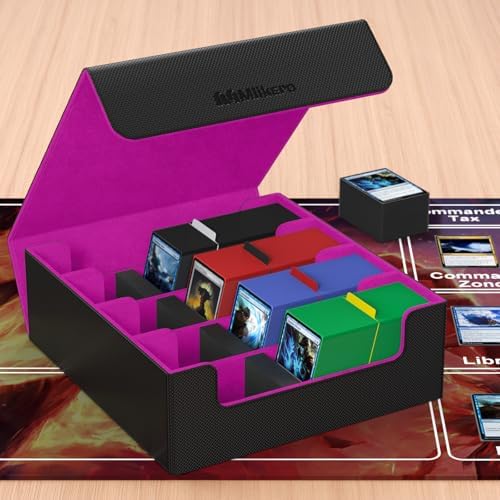 Mlikero Card Deck Case, 2400+ Trading Card Storage Box with 10 Colorful Dividers and 4 Foam Stoppers, Leather Magnetic Closure Commander Deck Box Fit for MTG, TCG (4 Rows, Black&Purple)