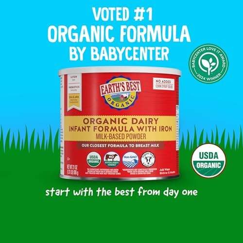Earth's Best Organic Baby Formula for Babies 0-12 Months, Powdered Dairy Infant Formula with Iron, Omega-3 DHA, and Omega-6 ARA, 32 oz Formula Container