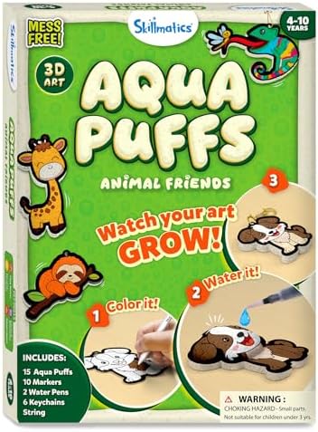 Skillmatics 3D Art Kit - Aqua Puffs Animals, Mess-Free Paint by Number Craft for Kids, DIY Color & Inflate Activity, Travel & Creative Gift for Girls & Boys Ages 4, 5, 6, 7, 8, 9, 10