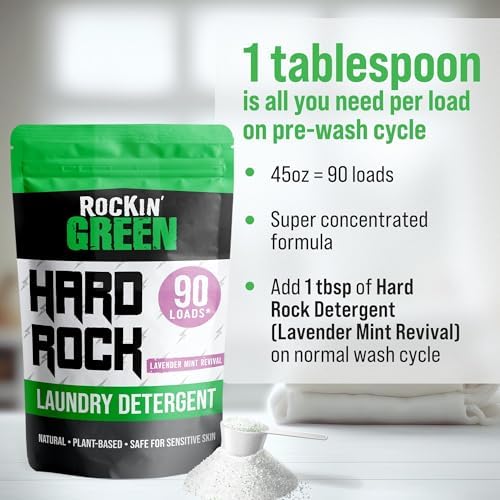 Rockin' Green Hard Rock Laundry Detergent for Hard Water (90 Loads), Plant based, Natural Laundry Detergent Powder, Biodegradable Odor Fighter, Safe for Sensitive Skin, 45 oz (Lavender Mint Revival)