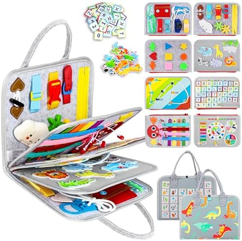 Esjay Toddler Busy Board Montessori Toys for Boys Girls, Sensory Board Educational Activities for Learning Fine Motor Skills, Birthday Gifts for Toddlers, Travel Toys for Airplane Car,Grey Dinosaur