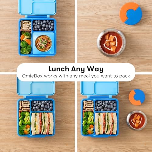 OmieBox Bento Box for Kids - Insulated Bento Lunch Box with Leak Proof Vacuum Insulated Food Jar - 3 Compartments, Two Temperature Zones (Blue Sky)