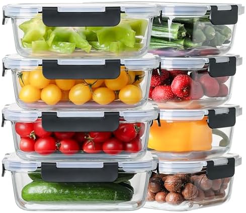 8 Pack 36oz Large Glass Meal Prep Containers with lids, Glass Food Storage Containers with Leak Proof Snap Lock Lids , Airtight Bento lunch Boxes, Kitchen Storage, Oven, Freezer and Dishwasher Safe
