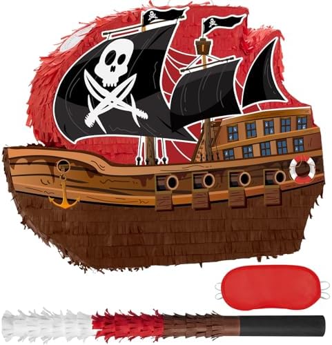 WERNNSAI Pirate Piñata - Pirate Ship Piñata with Blindfold and Bat for Boys Kids Caribbean Pirate Piñata Birthday Party Favors Decorations Family Games Pirate Party Supplies 16.4” x 12.4”