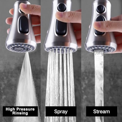 Hibbent Pull Down Spray Head for Kitchen Faucet, 3-Function Spray Nozzle with 15 Adapters, Sink Faucet Head Replacement Compatible with Moen, American Standard, Delta, Kohler Faucets, Brushed Nickel