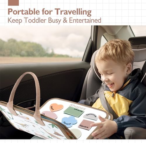 hahaland Montessori Busy Board for Toddlers Boy Toys Birthday Gift - Travel Toys - Dinosaur, Alphabet, Number, Shape, Drawing, Life Skills