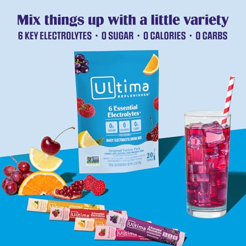Ultima Replenisher Daily Electrolyte Powder Drink Mix – Sugar Free – Original Variety, 20 Stickpacks – Hydration Packets with 6 Electrolytes and Minerals – Keto Friendly, Vegan, Non-GMO