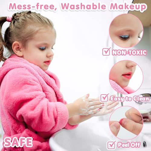 58Pcs Kids Makeup Kit for Girl - Real Washable Cosmetic Set with Light Up Mirror - Kids Makeup Sets for Girls -Play Make Up Birthday for Age 3 4 5 6 7 8 9 10 11 12 Years Old Kid -Pink