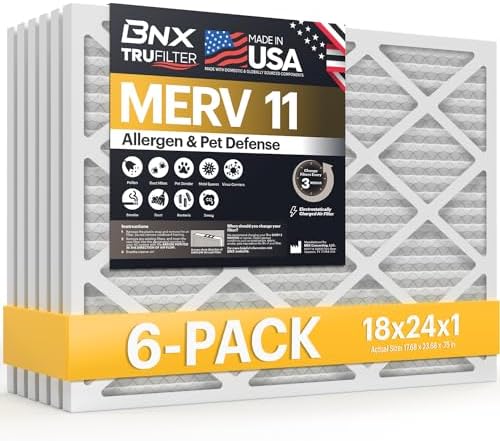 BNX TruFilter 18x24x1 Air Filter MERV 11 (6-Pack) - MADE IN USA - Allergen Defense Electrostatic Pleated Air Conditioner HVAC AC Furnace Filters for Allergies, Dust, Pet, Smoke, Allergy MPR 1200 FPR 7