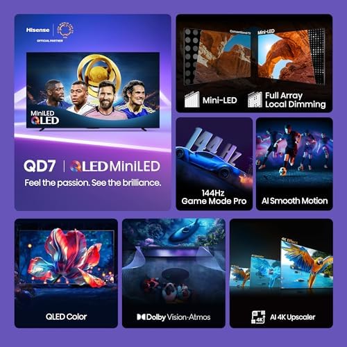Hisense 75" Class QD7 Series Mini-LED 4K UHD Smart Fire TV (75QD7QF, 2025 Model) - QLED, Native 144hz, HDR10+, Dolby Vision, Dolby Atmos, Game Mode Pro, ALLM, Alexa Built in with Voice Remote, Black
