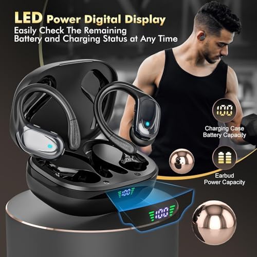 Wireless Earbuds, Sports Bluetooth Headphones, 80Hrs Playtime Ear Buds with LED Power Display, Noise Canceling Headset, IPX7 Waterproof Earphones for Workout/Running
