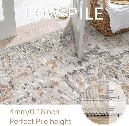 GENIMO 5X7 Area Rugs for Living Room, Machine Washable Non Slip Vintage Rugs, Low Pile Lightweight Chenille Print Rug for Bedroom, Dining Room, Home Office, Light Taupe Brown