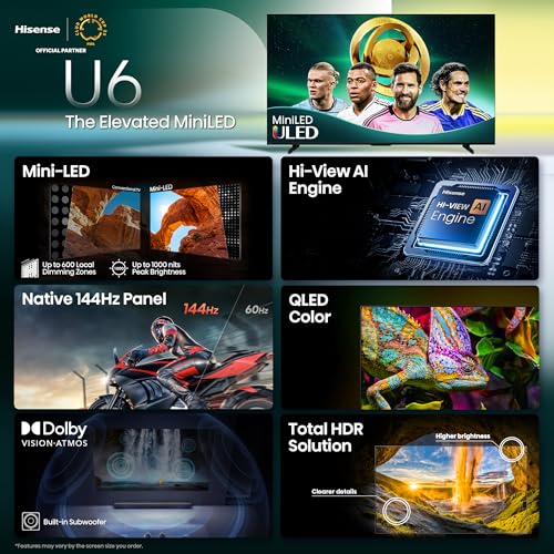 Hisense 55" Class U6 Series Best Value Mini-LED 4K UHD Smart Fire TV (55U65QF, 2025 Model) - QLED, Native 144Hz, HDR10+, Dolby Vision IQ, Dolby Atmos, Built-in Subwoofer, Game Mode Pro, Alexa Built In