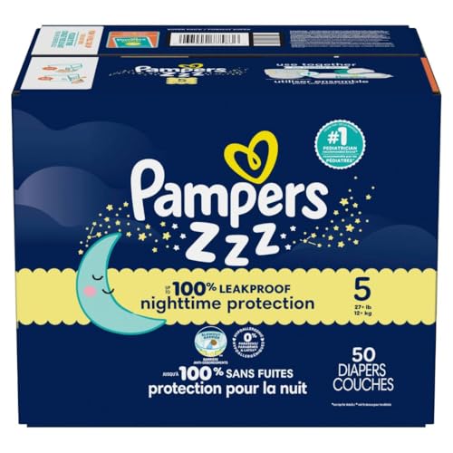 Pampers Overnight Diapers - Swaddlers Overnights - Size 5, 50 Count, Disposable Baby Diaper, Night Time Leak and Skin Protection