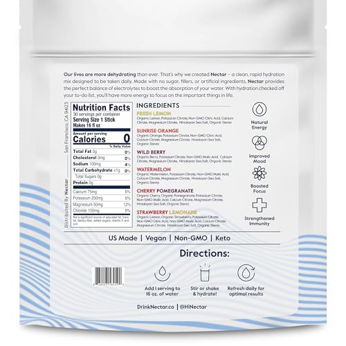 Nectar Hydration Packets - Electrolytes Powder Packets - Sugar Free & 0 Calorie - Organic Fruit Liquid Daily IV Hydrate Packets for Dehydration Relief and Rehydration (Variety 30 Pack)