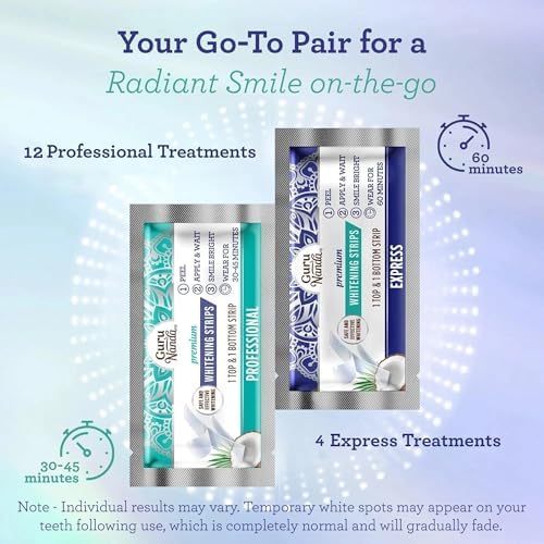 GuruNanda Teeth Whitening Strips - 16-Day Treatment with Non-Slip, Dry Strip Technology - Whitening Designed with Care for a Brighter Smile