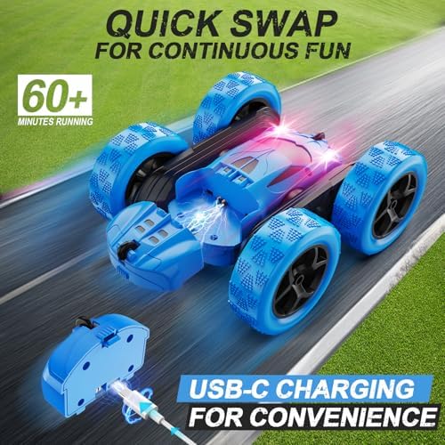 Remote Control Car, RC Cars Toys for Kids Ages 6-12, 4WD Stunt Car with LED Lights & 360° Flips, 2.4GHz, Upgraded USB-C Modular Batteries, 8-10 Year Old Boys Birthday Gift 1-Blue
