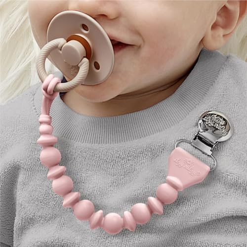 Itzy Ritzy Silicone Pacifier Clip; 100% Food Grade Silicone Pacifier Strap with Clip Keeps Pacifiers, Teethers & Small Toys in Place; Features One-Piece Design & Cord (Pink with Silver Clasp)