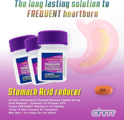 Ohm Omeprazole Delayed-Release Tablets, 20mg Acid Reducer, Treats Frequent Heartburn (12 Weeks of Supply, 84, Count)