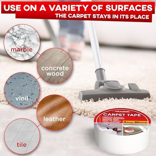 Trazon Carpet Tape Double Sided - Rug Tape Grippers for Hardwood Floors and Area Rugs - Carpet Binding Tape Strong Adhesive and Removable, Heavy Duty Stickers Tape, Residue Free (2 Inch / 30 Yards)