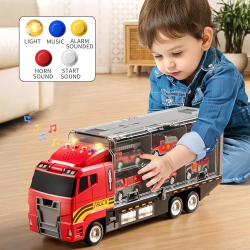 Toddler Boys Toys for 3-5 Years Old, Fire Truck Vehicle Set with Play Mat, Die-Cast Toy Car Carrier Truck for Kids, Birthday Gifts Toys for 3-8+ Year Old Boys