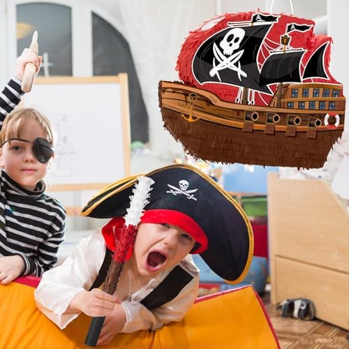 WERNNSAI Pirate Piñata - Pirate Ship Piñata with Blindfold and Bat for Boys Kids Caribbean Pirate Piñata Birthday Party Favors Decorations Family Games Pirate Party Supplies 16.4” x 12.4”