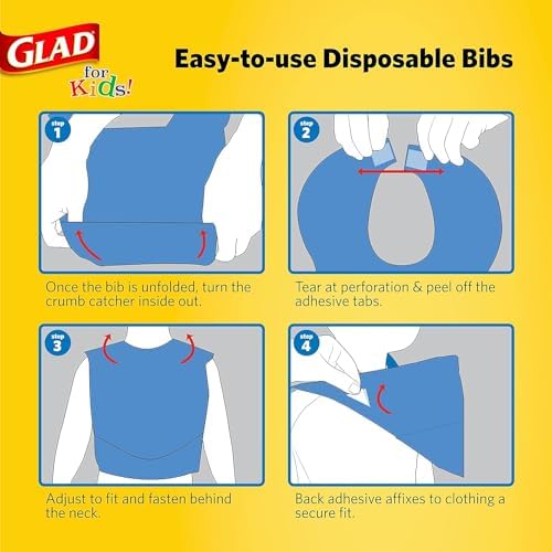 Glad for Kids Shark Paper Disposable Bibs with Crumb Catcher for Feeding - Absorbent and Leakproof Eating and Travel Must Haves for Mess-Free Meals, 30 Count - 24 Pack