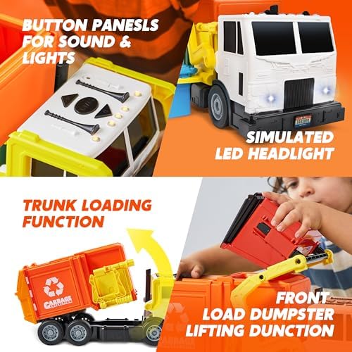 JOYIN Large Friction Powered Garbage Truck Toy Set, Includes Dumpster, Trash Bins, and Learning Cards for Kids, Orange