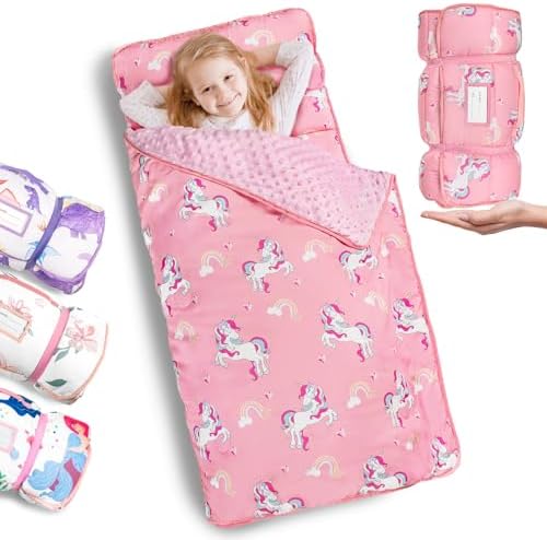 Primlect Thickened Toddler Nap Mat with Removable Pillow and Minky Blanket, Extra Large 55''x35'' Sleeping Bag, Washable, Roll up, Perfect for Daycare, Preschool, Kindergarten, Boys and Girls Unicorn