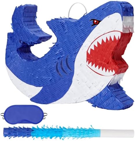 WERNNSAI Shark Piñata - Ocean Shark Birthday Party Decorations Kids Boys Pinata with Blindfold and Bat for Under the Sea Party Supplies Baby Shower Birthday Game Set