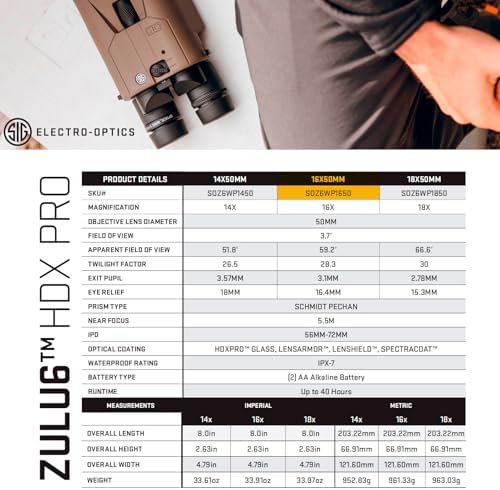 SIG SAUER ZULU6 HDX PRO 18x50mm Waterproof Fogproof Durable FDE Image Stabilized Hunting Binoculars, Multicoated Anti-Glare Lenses, Up to 40 Hours Runtine, Carrying Case & Carrying Strap Included