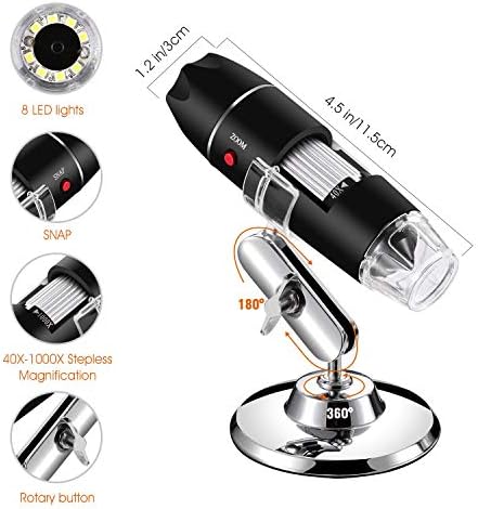 USB Digital Microscope 40X to 1000X, 8 LED Magnification Endoscope Camera with Carrying Case & Metal Stand, Compatible for Android Windows 7 8 10 11 Linux Mac