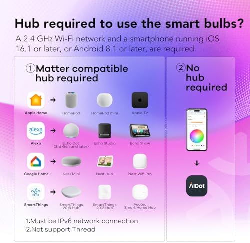 OREiN Matter Smart Light Bulb, Smart Light Bulbs Work with Apple Home, Alexa, Google Home, SmartThings, A19 Color Changing Light Bulbs 2.4Ghz WiFi, 800 Lumens Equivalent 60W 4Pack