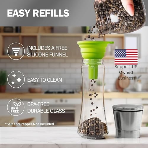 Home EC Premium Stainless Steel Sea Salt and Pepper Grinder Set of 2 - Adjustable Ceramic - Tall Glass Salt and Pepper Shakers - Kitchen Spice Mill W/Funnel & EBook