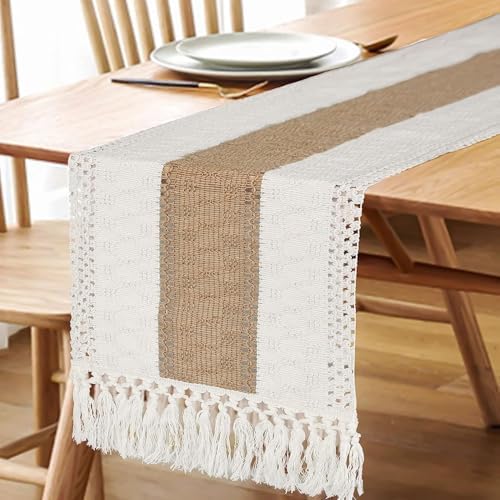 Fexia Boho Table Runner for Home Decor with Tassels 90 Inch Cream & Brown Macrame Runner for Dining & Bedroom Baby Bridal Shower Decor(12x90 Inches)