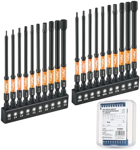 Toolant Impact Allen Wrench Drill Bit Set 20pcs (Metric & SAE), 1/4" Hex-Shank S2 Steel Hex Bits, CNC Machined Tips with Magnetism, 4" Long with Storage Box