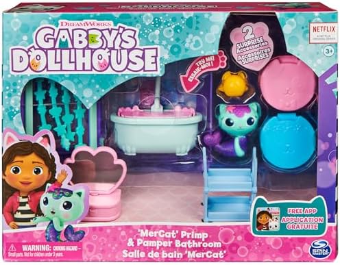 Gabby's Dollhouse, Primp and Pamper Bathroom with Mercat Figure, 3 Accessories, 3 Furniture and 2 Deliveries, Kids Toys for Ages 3 and up