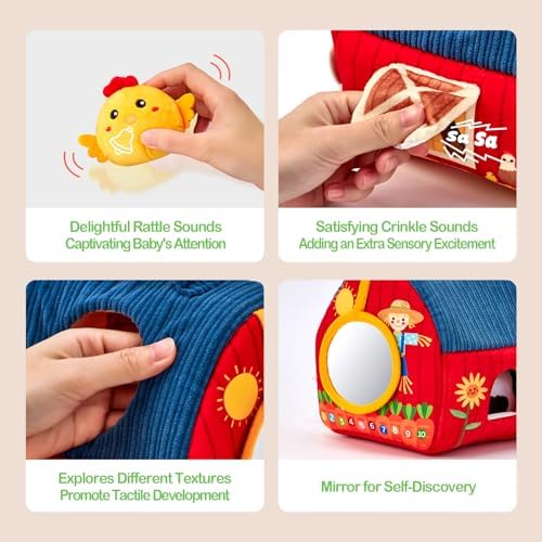 hahaland Baby Toys 6-12 Months - Surprise Barn with Stuffed Farm Animals, Rattle, Crinkle Paper, Mirror - Montessori Toys for 6 Month Old Babies, Sensory Balls Toddlers 1-3, 1 Year Old Boy Girl Gifts