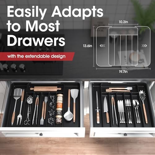 Aujen Silverware Organizer - Expandable Kitchen Drawer Organizer, Adjustable Utensil Organizer, Cutlery Tray for Forks, Knives, Multipurpose Kitchen Organizers and Storage Solution, Black, Large