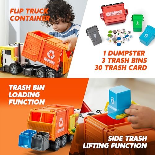 JOYIN Large Friction Powered Garbage Truck Toy Set, Includes Dumpster, Trash Bins, and Learning Cards for Kids, Orange