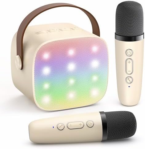 YLL Mini Karaoke Machine with 2 Wireless Microphones for Kids Adults, Portable Bluetooth Speaker Gift for Girls Toys 4, 5, 6, 7, 8, 10, 12+ Years Old Teens Birthday(Beige)
