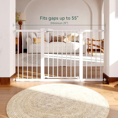 BABELIO 29-55 Inch Extra Wide Baby/Dog Gate, Metal Auto Close, Pressure Mounted Pet Door for Doorways, NO Need Tools and Drilling, with Wall Cups, White