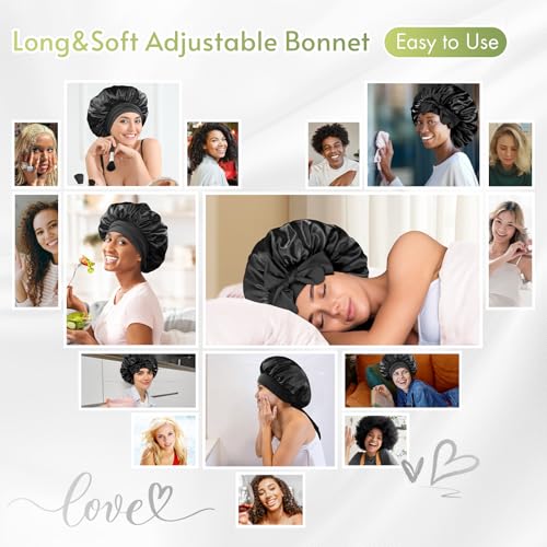 BONNET QUEEN Silk Bonnet for Sleeping Women Satin Bonnet Night Sleep Cap Wrap for Curly Hair with Adjustable Tie Band, Single Layer, Black+Rose Gold