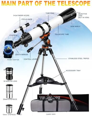 Telescope for Adults High Powered 90mm Aperture 800mm(32X-240X),Refractor Telescopes for Astronomy Beginners with AZ Mount Tripod,Phone Adapter,Carry Bag